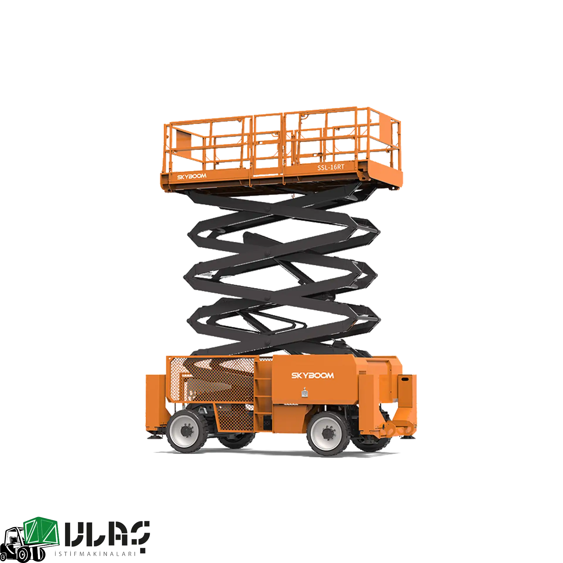 18 metre çalışma yüksekliğine sahip dizel makaslı platform — Ulaş İstif Makinaları güvencesiyle geliştirilmiş, güçlü 4×4 tahrik sistemi, geniş çalışma alanı ve yüksek taşıma kapasitesiyle ağır hizmet sahalarında profesyonel kullanım için ideal platform görseli.